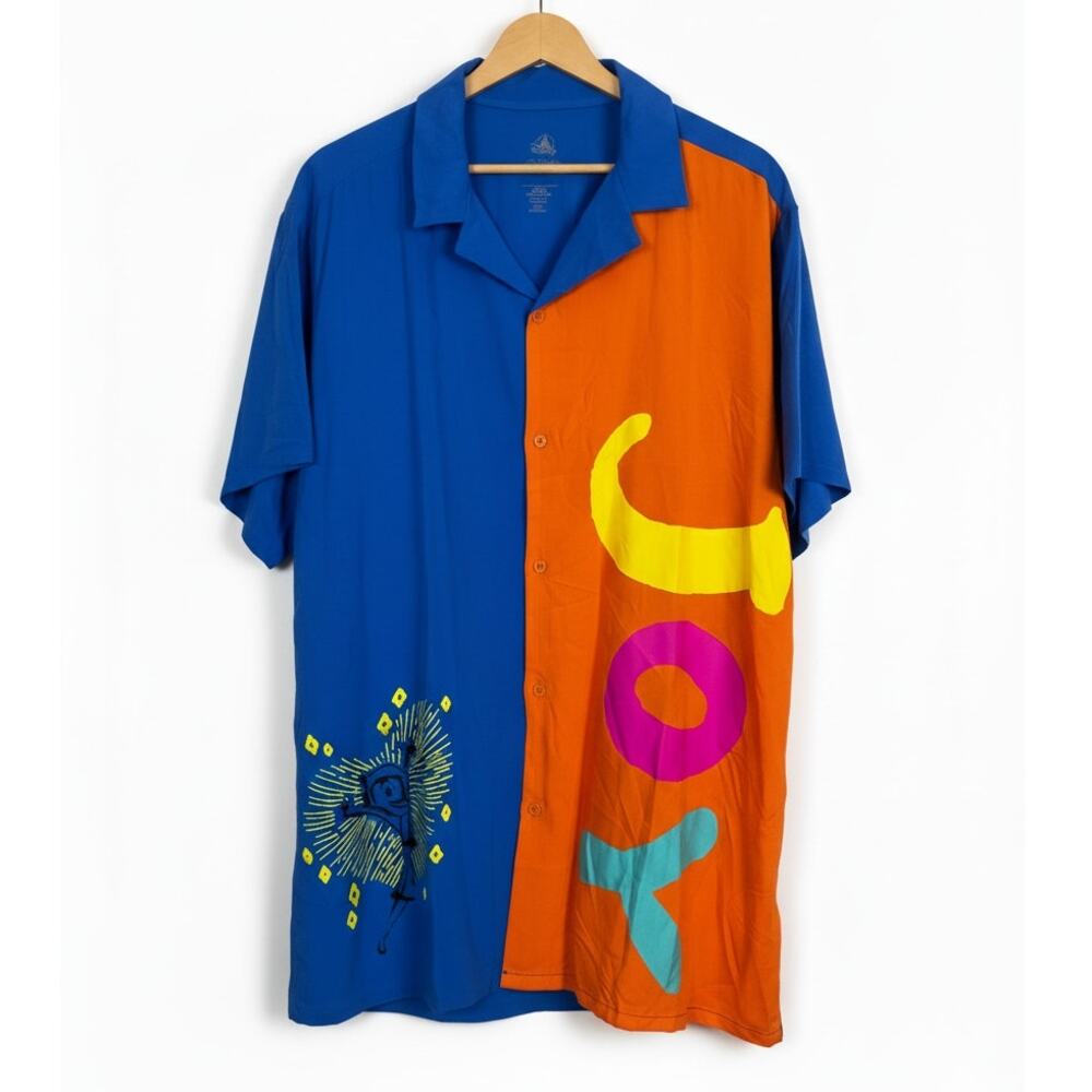 NWT Disney Mens L Inside Out Joy Pixar Movie Eclectic Hawaiian Button Up Shirt